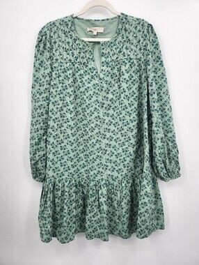 LOFT Size M Green Floral Pleated Flounce Mini Dress